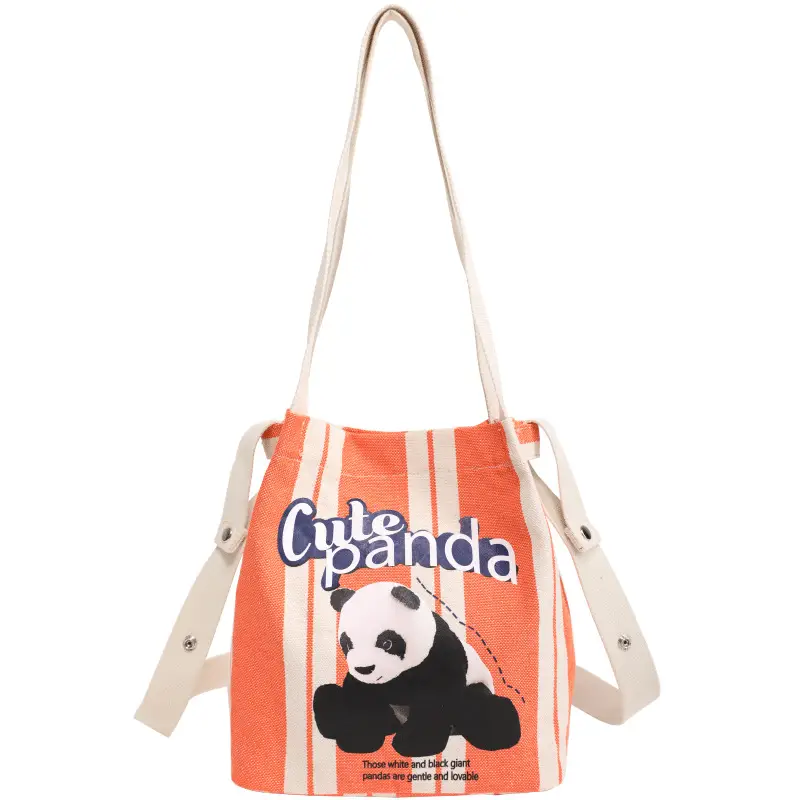 Cute Panda Printed Canvas Shoulder Bag Orange - Image 2