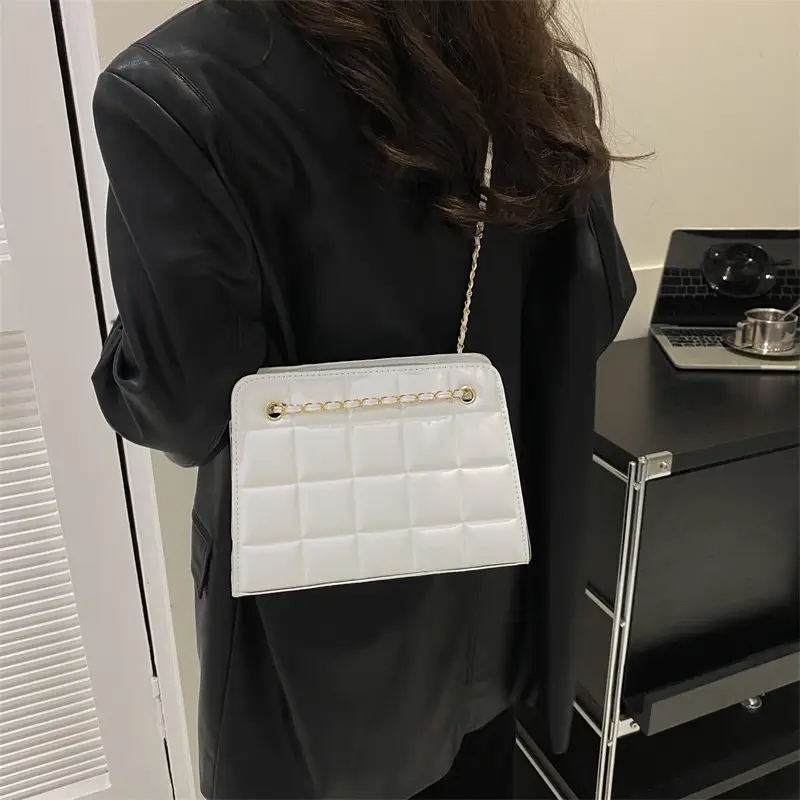 White Quilted Crossbody Bag with Chain Strap - Image 12