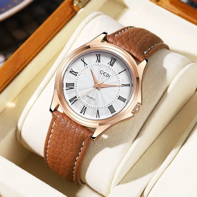 Gold Rose Gold Women's Quartz Watch with Black Leather Band - Image 3