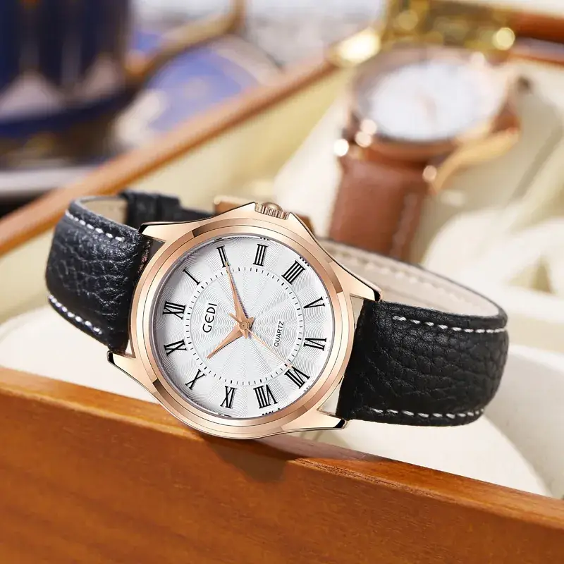 Gold Rose Gold Women's Quartz Watch with Black Leather Band - Image 4