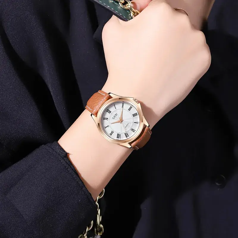 Gold Rose Gold Women's Quartz Watch with Black Leather Band - Image 5