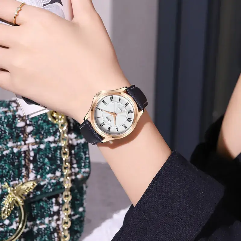 Gold Rose Gold Women's Quartz Watch with Black Leather Band - Image 6