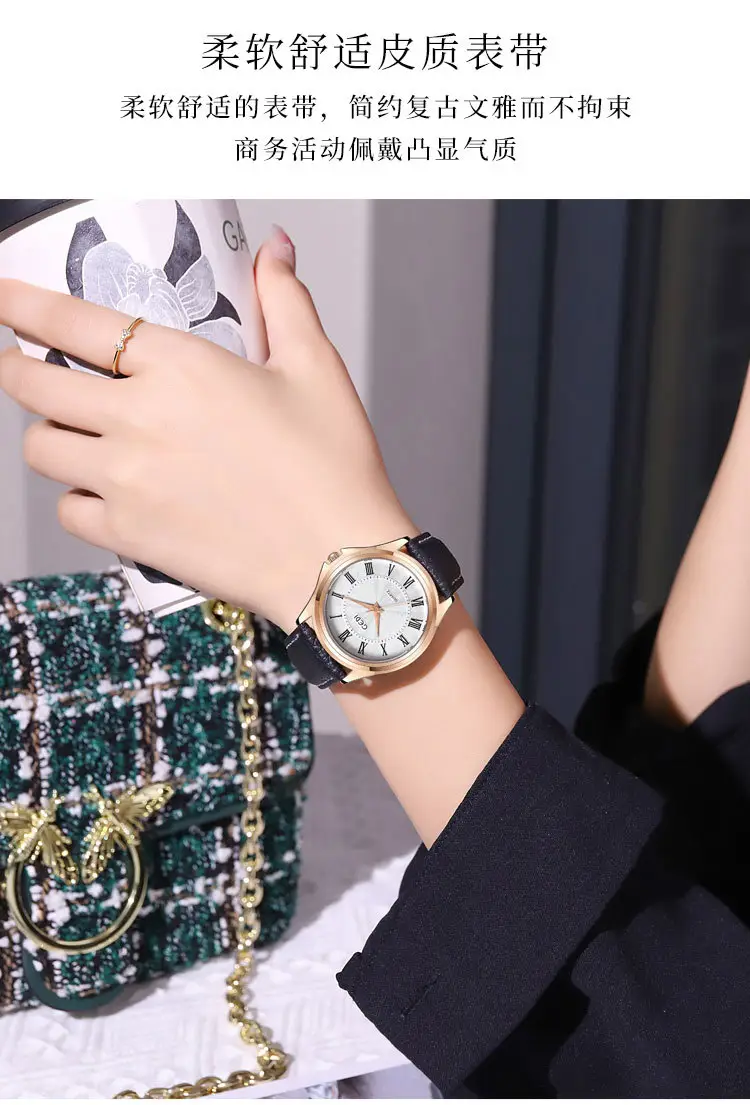 Gold Rose Gold Women's Quartz Watch with Black Leather Band — feature 4