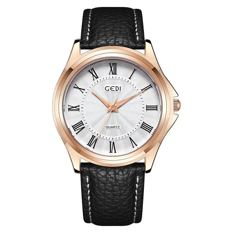 Gold Rose Gold Women's Quartz Watch with Black Leather Band - Image 2