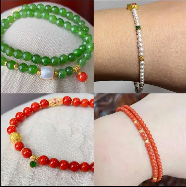 18K Gold Beaded Bracelets with Pearls & Red Stones - Image 3