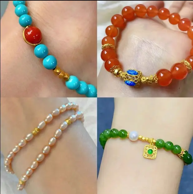 18K Gold Beaded Bracelets with Pearls & Red Stones — feature 3
