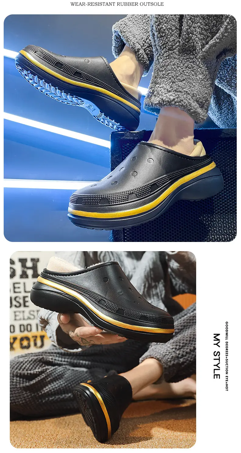 Cotton slippers men's winter couple's fashion bag heel platform waterproof fleece-lined warm lazy shoes furry slippers fashion — feature 12