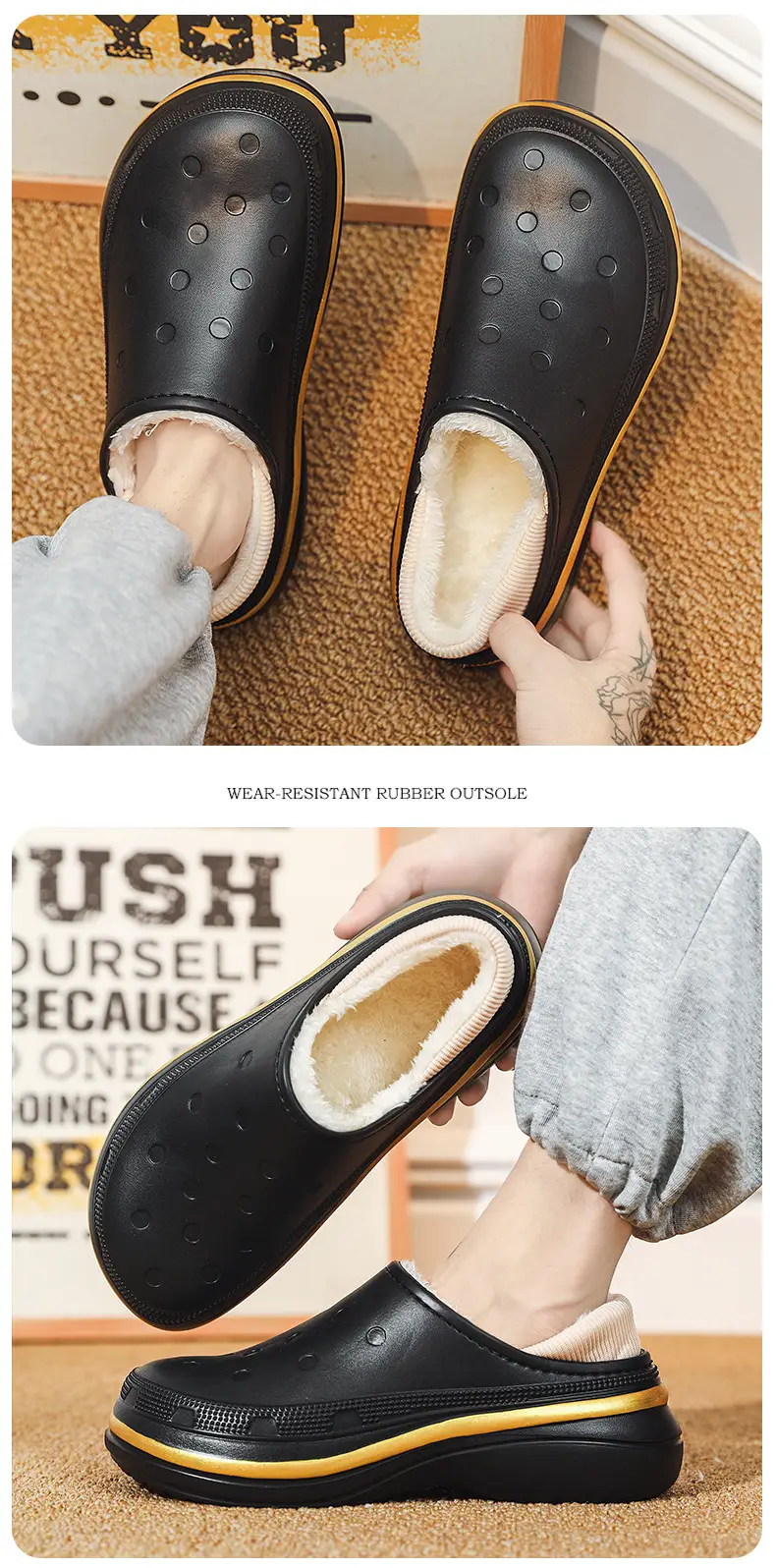 Cotton slippers men's winter couple's fashion bag heel platform waterproof fleece-lined warm lazy shoes furry slippers fashion — feature 13