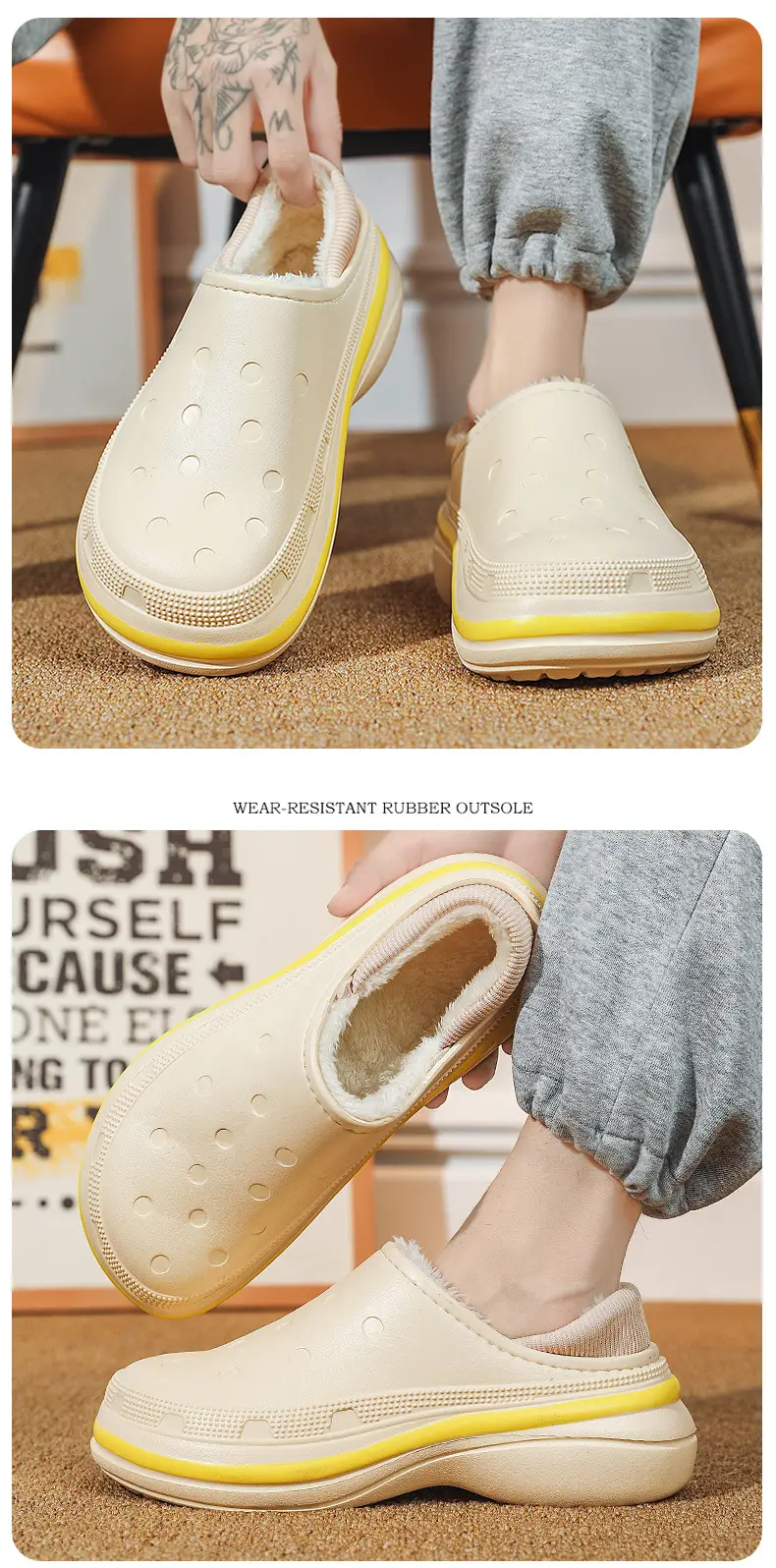Cotton slippers men's winter couple's fashion bag heel platform waterproof fleece-lined warm lazy shoes furry slippers fashion — feature 15