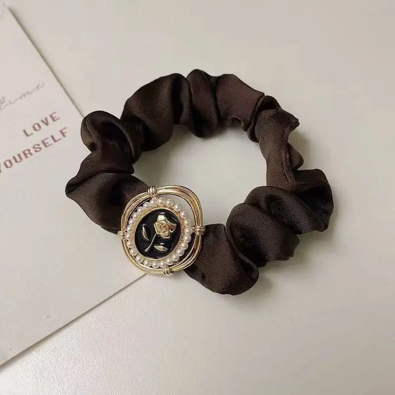 Brown Satin Hair Scrunchie with Gold Logo Watch - Image 3