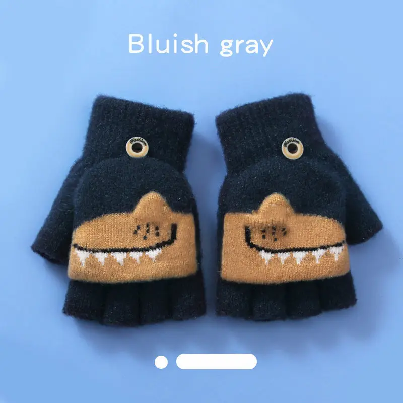 Children's winter warm flip half finger gloves crystal yarn mink cute little dinosaur open finger student writing gloves