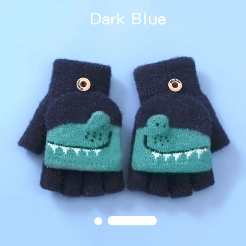 Children's winter warm flip half finger gloves crystal yarn mink cute little dinosaur open finger student writing gloves