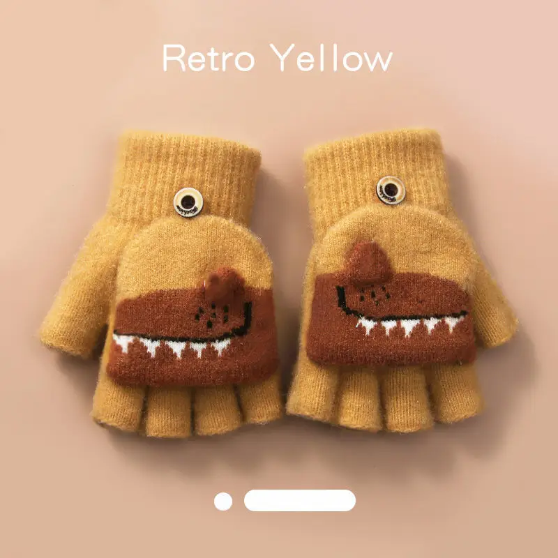 Children's winter warm flip half finger gloves crystal yarn mink cute little dinosaur open finger student writing gloves