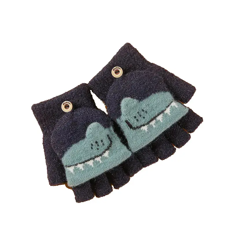 Children's winter warm flip half finger gloves crystal yarn mink cute little dinosaur open finger student writing gloves