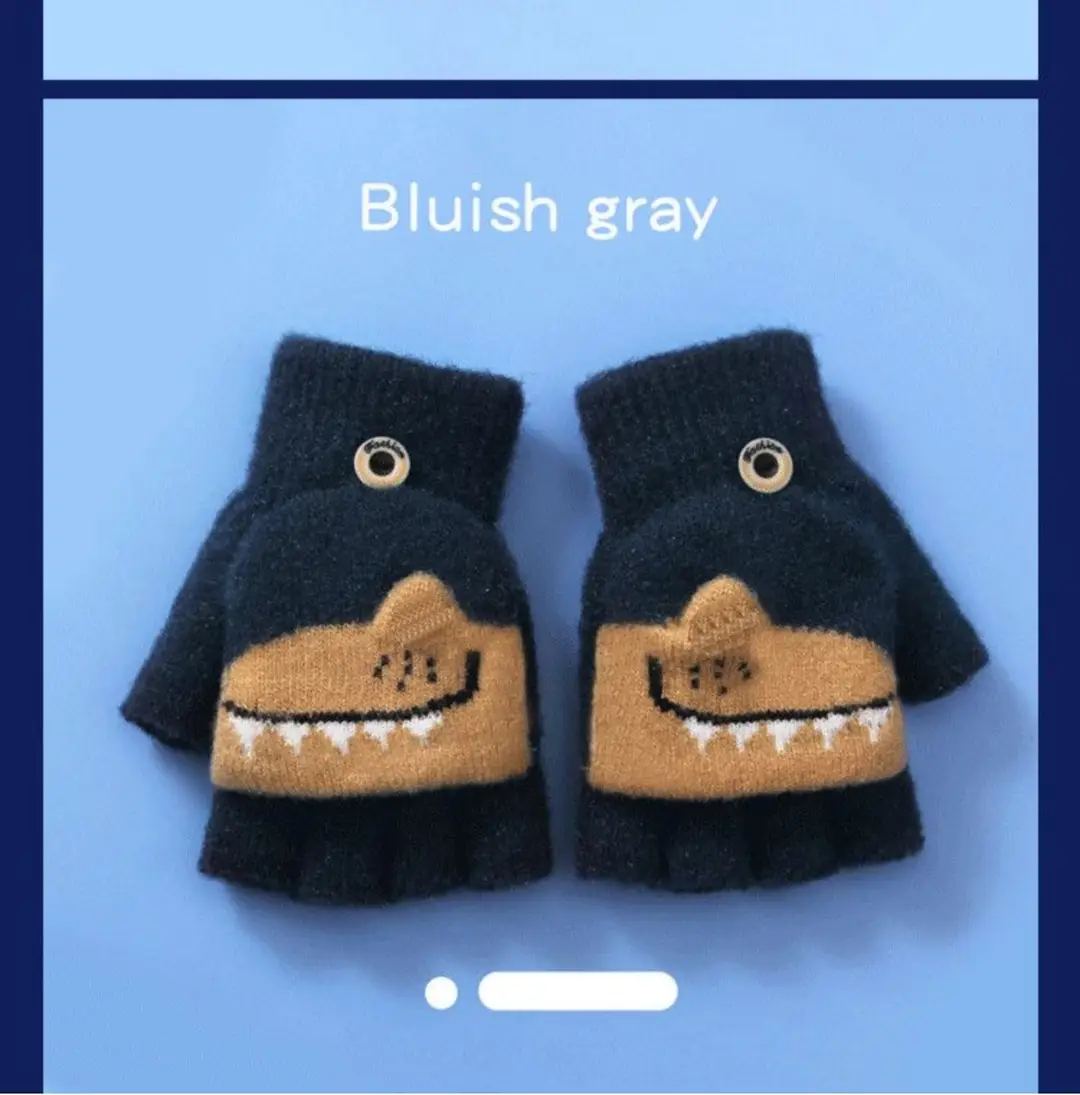 Children's winter warm flip half finger gloves crystal yarn mink cute little dinosaur open finger student writing gloves — feature 11