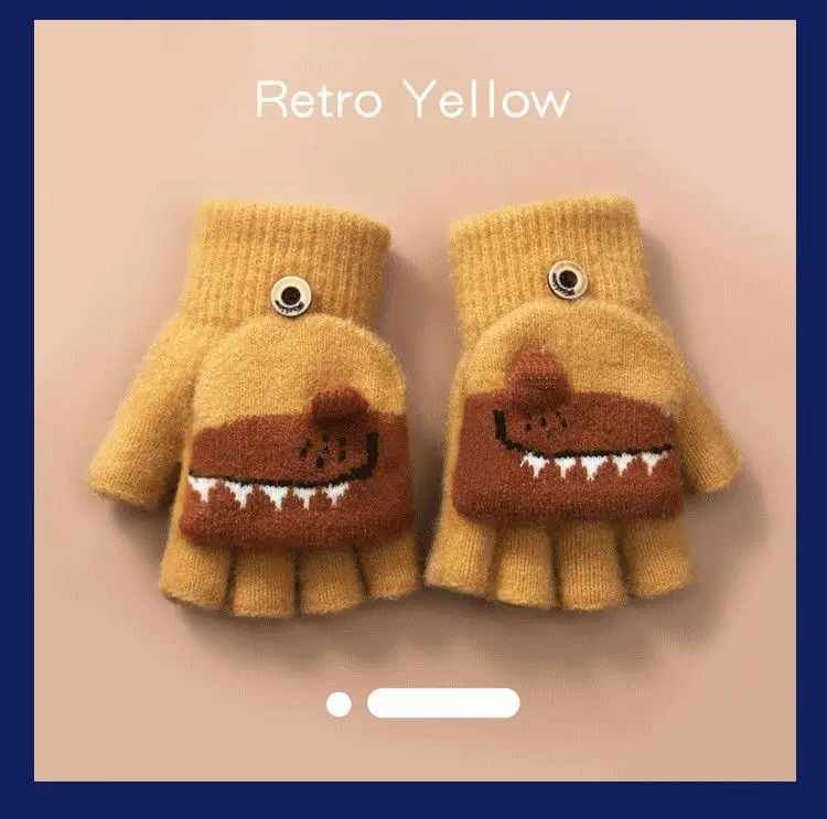 Children's winter warm flip half finger gloves crystal yarn mink cute little dinosaur open finger student writing gloves — feature 12