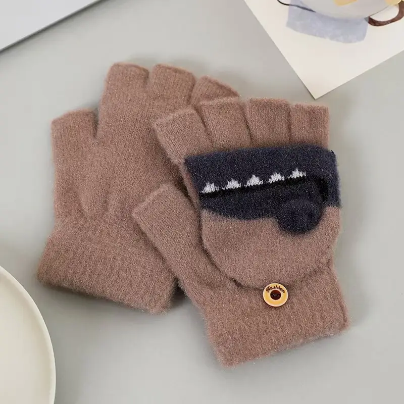 Children's winter warm flip half finger gloves crystal yarn mink cute little dinosaur open finger student writing gloves