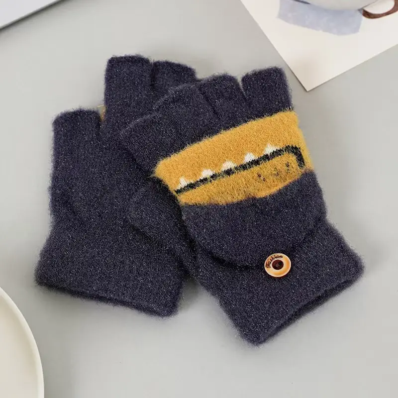 Children's winter warm flip half finger gloves crystal yarn mink cute little dinosaur open finger student writing gloves
