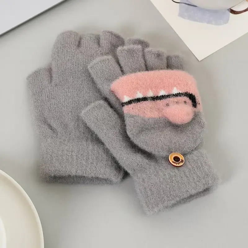 Children's winter warm flip half finger gloves crystal yarn mink cute little dinosaur open finger student writing gloves