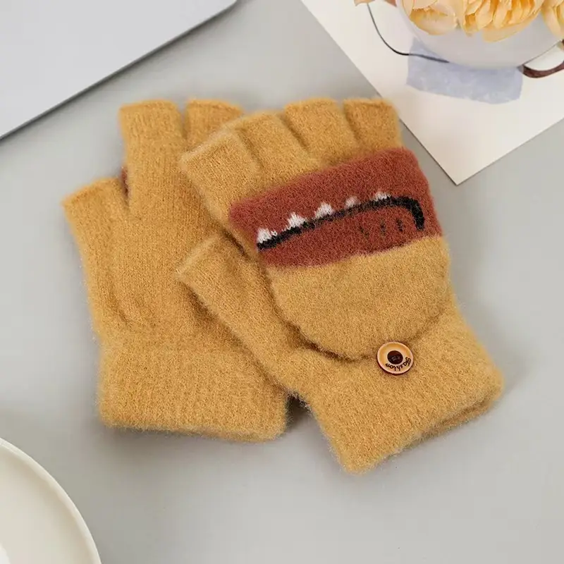 Children's winter warm flip half finger gloves crystal yarn mink cute little dinosaur open finger student writing gloves