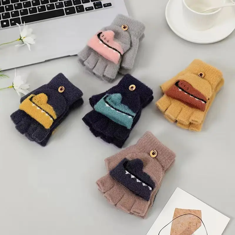 Children's winter warm flip half finger gloves crystal yarn mink cute little dinosaur open finger student writing gloves