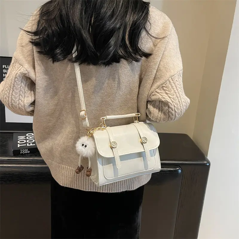 Brown Faux Leather Shoulder Bag with Furry Pendant - Image 10