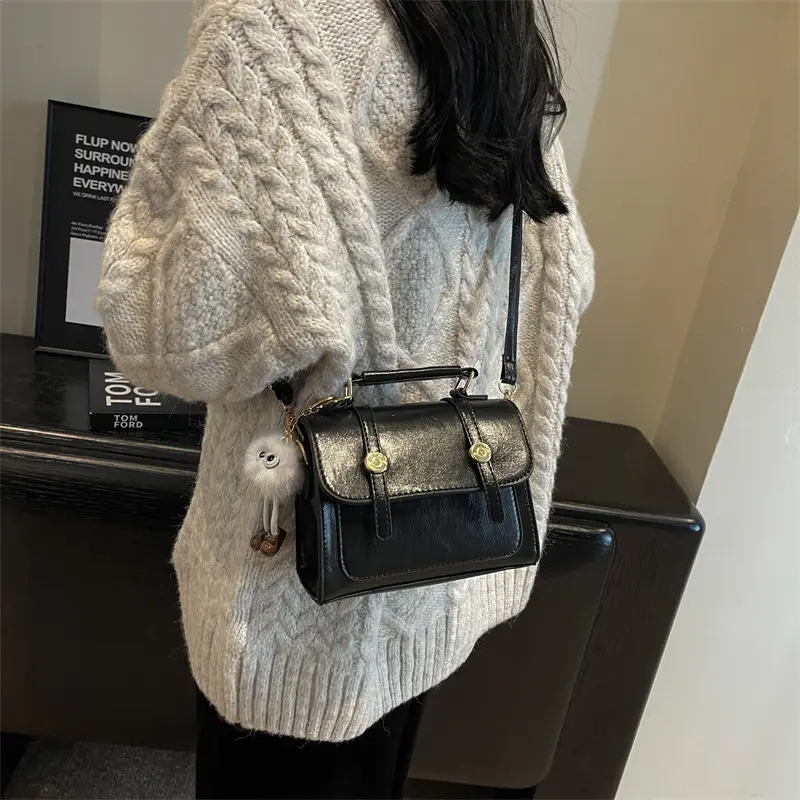 Brown Faux Leather Shoulder Bag with Furry Pendant - Image 11