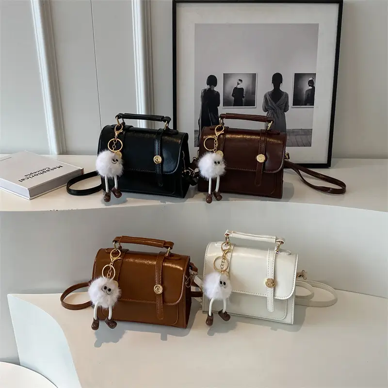 Brown Faux Leather Shoulder Bag with Furry Pendant - Image 12