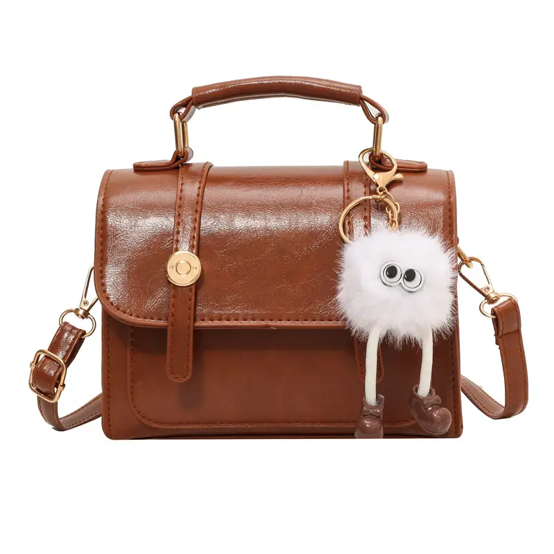 Brown Faux Leather Shoulder Bag with Furry Pendant - Image 13