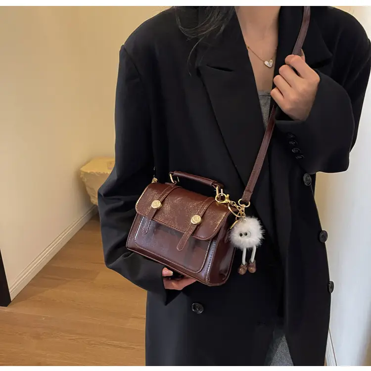 Brown Faux Leather Shoulder Bag with Furry Pendant — feature 13