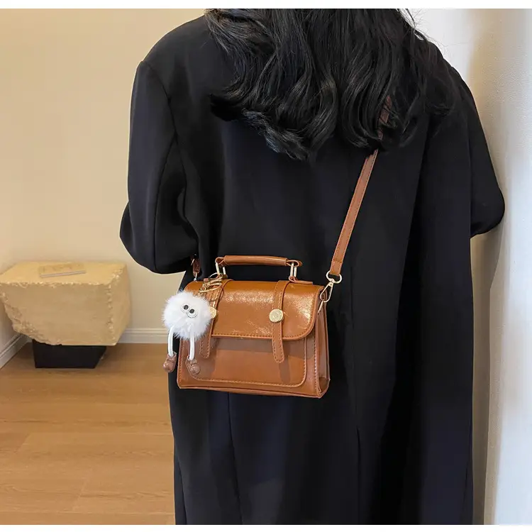 Brown Faux Leather Shoulder Bag with Furry Pendant — feature 15