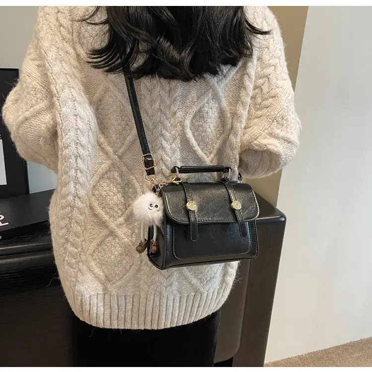 Brown Faux Leather Shoulder Bag with Furry Pendant — feature 18