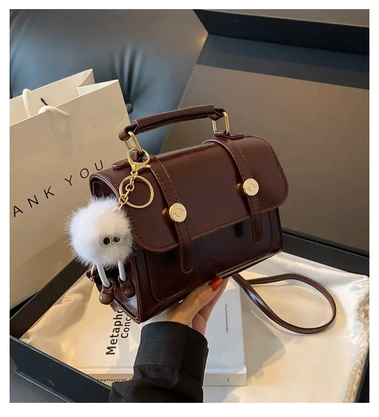 Brown Faux Leather Shoulder Bag with Furry Pendant — feature 2