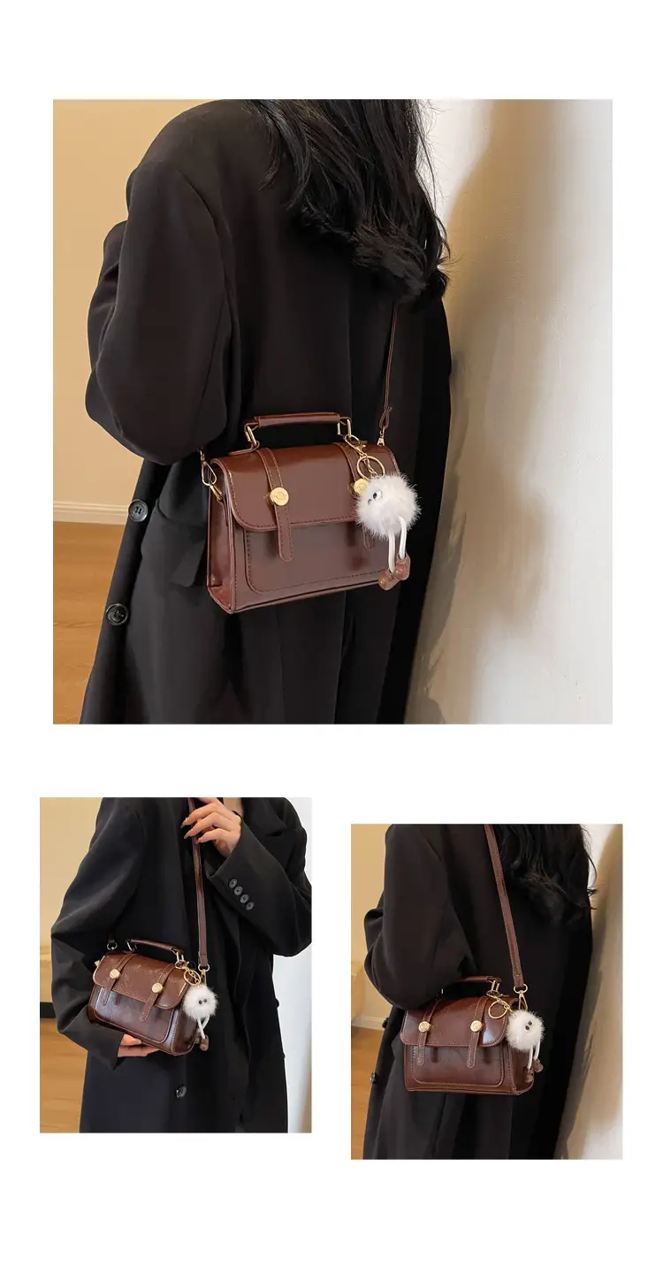 Brown Faux Leather Shoulder Bag with Furry Pendant — feature 21