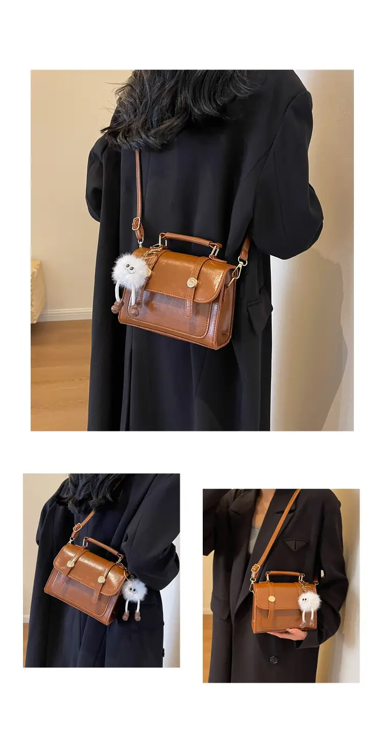 Brown Faux Leather Shoulder Bag with Furry Pendant — feature 22