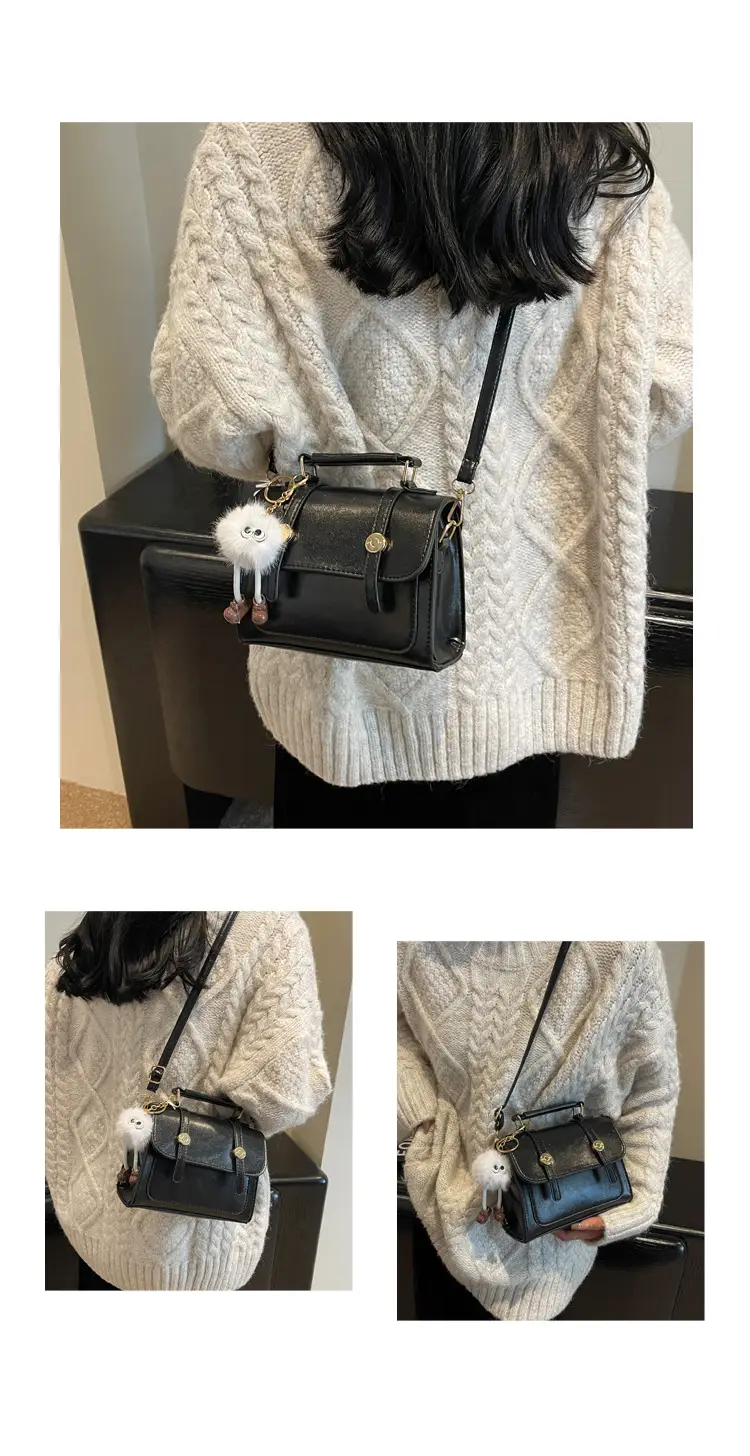 Brown Faux Leather Shoulder Bag with Furry Pendant — feature 23