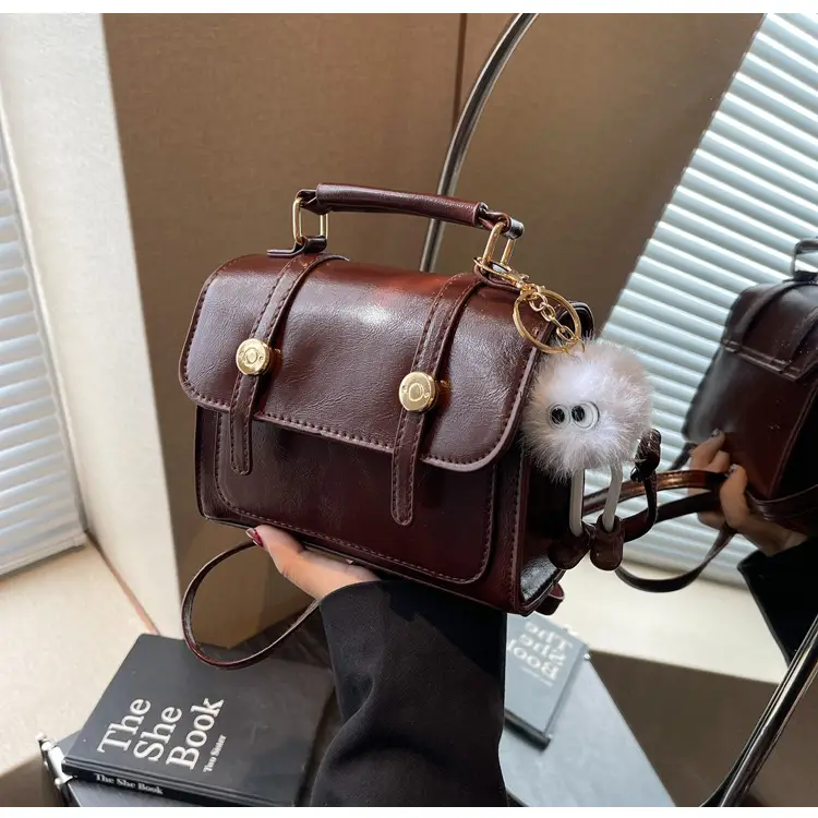 Brown Faux Leather Shoulder Bag with Furry Pendant — feature 25