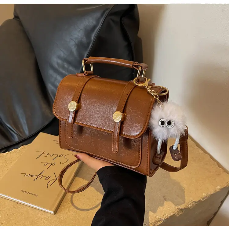 Brown Faux Leather Shoulder Bag with Furry Pendant — feature 26