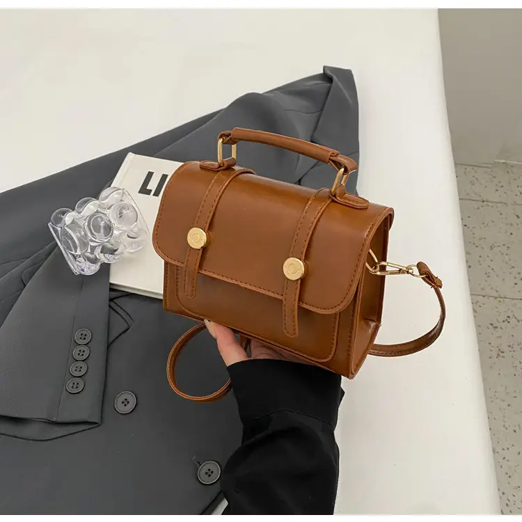 Brown Faux Leather Shoulder Bag with Furry Pendant — feature 32