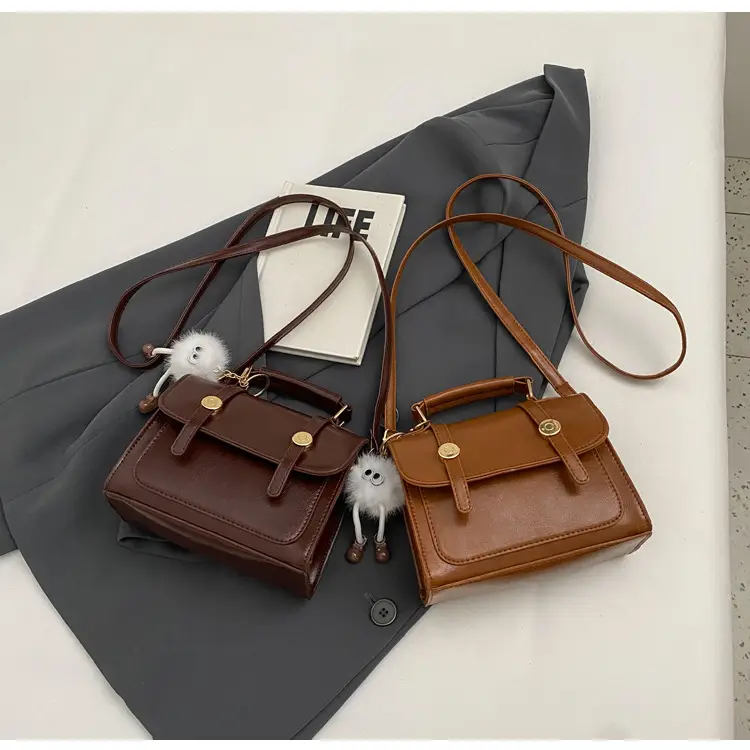Brown Faux Leather Shoulder Bag with Furry Pendant — feature 33