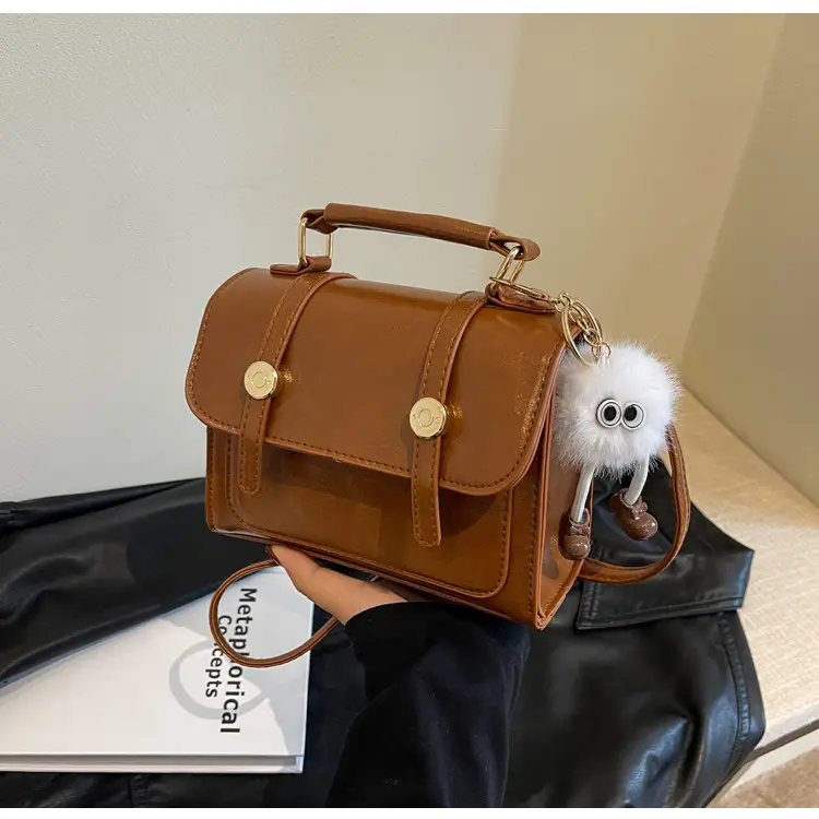 Brown Faux Leather Shoulder Bag with Furry Pendant - Image 3