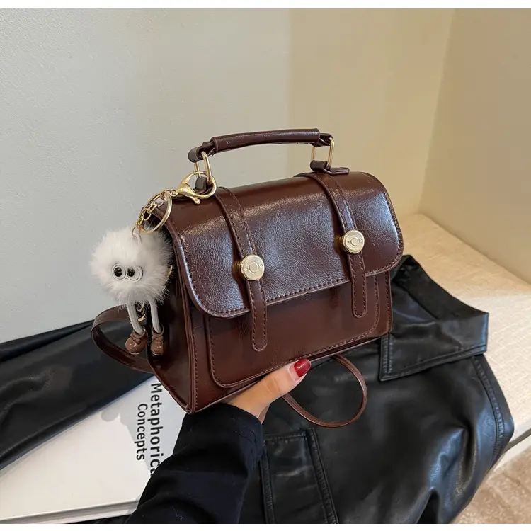 Brown Faux Leather Shoulder Bag with Furry Pendant - Image 4