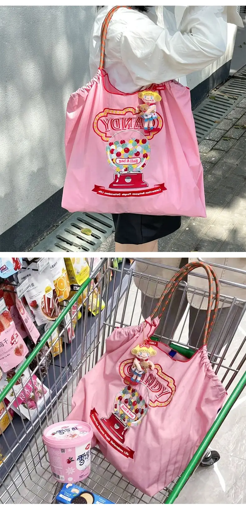 Japanese Niche Embroidered Green Shopping Bag with Cartoon Design — feature 3