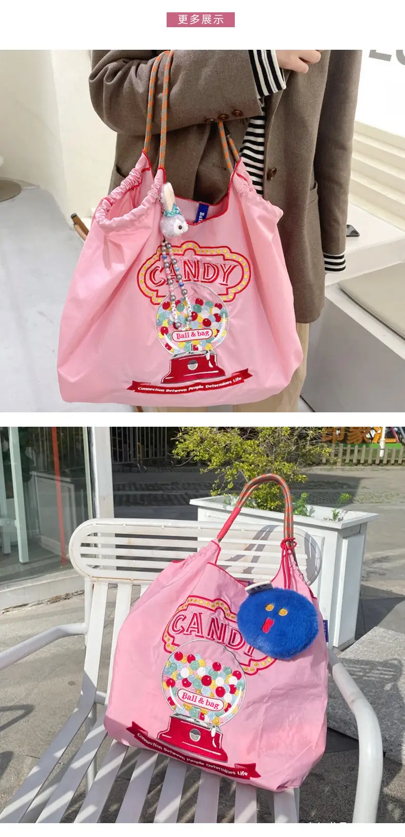 Japanese Niche Embroidered Green Shopping Bag with Cartoon Design — feature 7