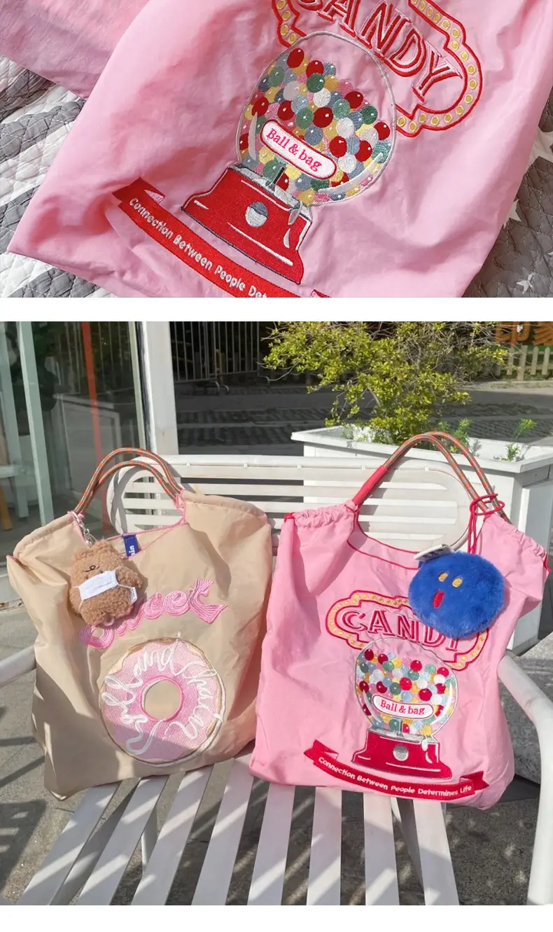 Japanese Niche Embroidered Green Shopping Bag with Cartoon Design — feature 9