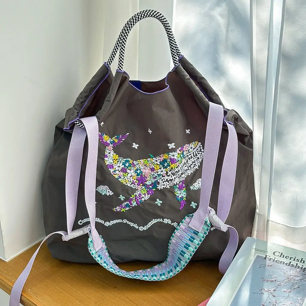 Japanese Niche Embroidered Green Shopping Bag with Cartoon Design - Image 8