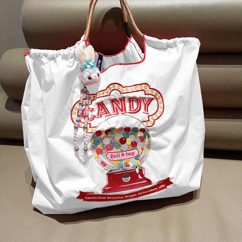 Japanese Niche Embroidered Green Shopping Bag with Cartoon Design - Image 2