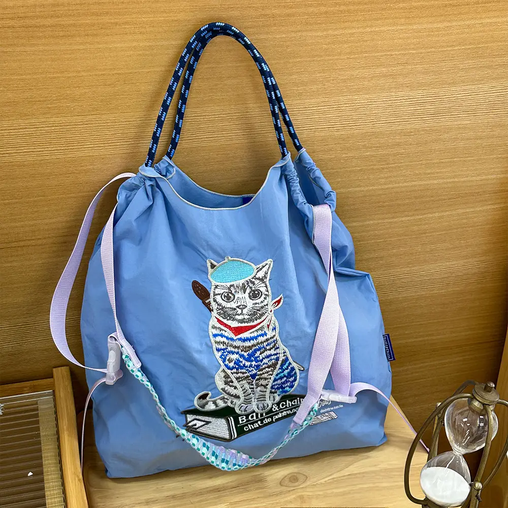 Japanese Niche Embroidered Green Shopping Bag with Cartoon Design - Image 24