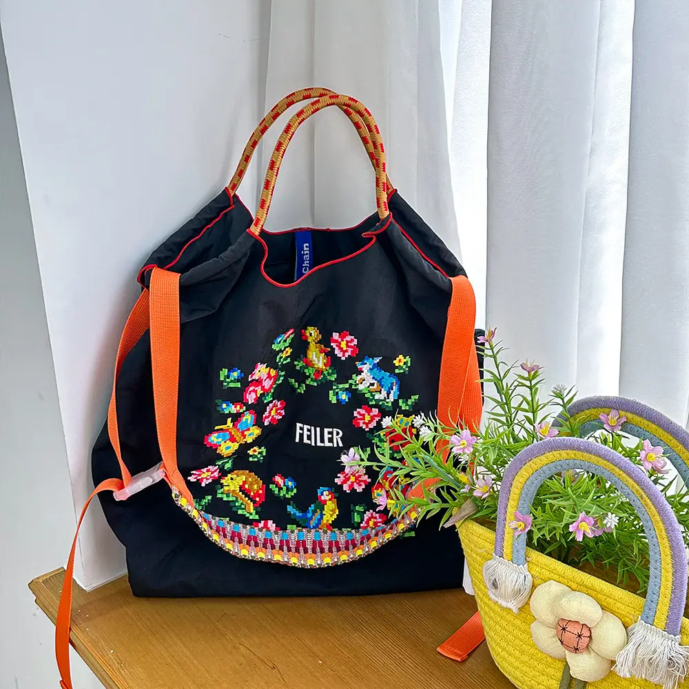 Japanese Niche Embroidered Green Shopping Bag with Cartoon Design - Image 25