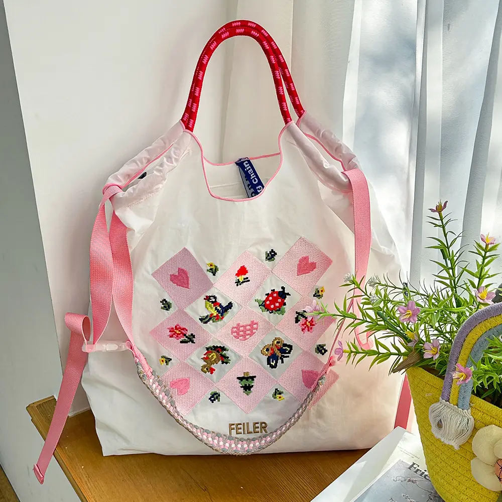 Japanese Niche Embroidered Green Shopping Bag with Cartoon Design - Image 26